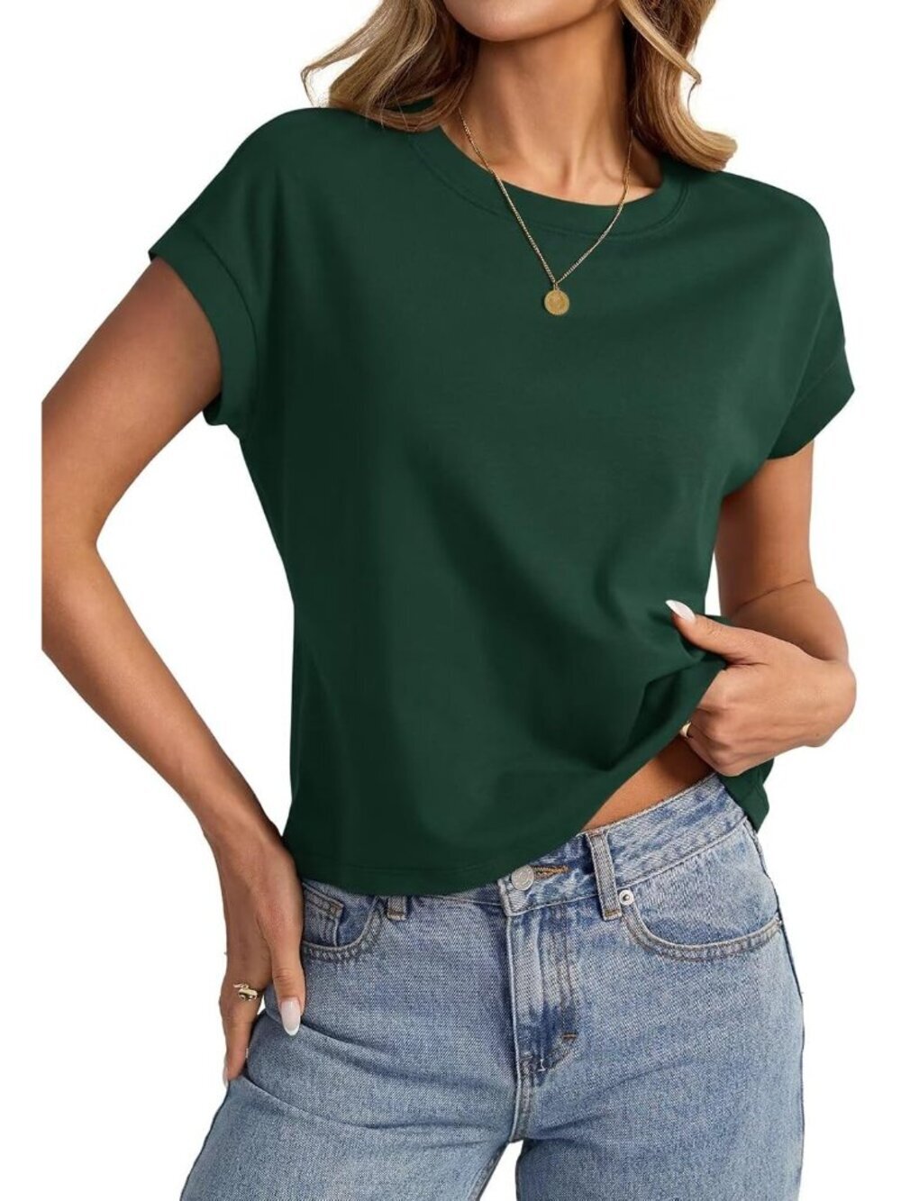 〽️Women Deep Green Cap Sleeve Crewneck Loose Fit Casual Summer Pull On Crop Tops